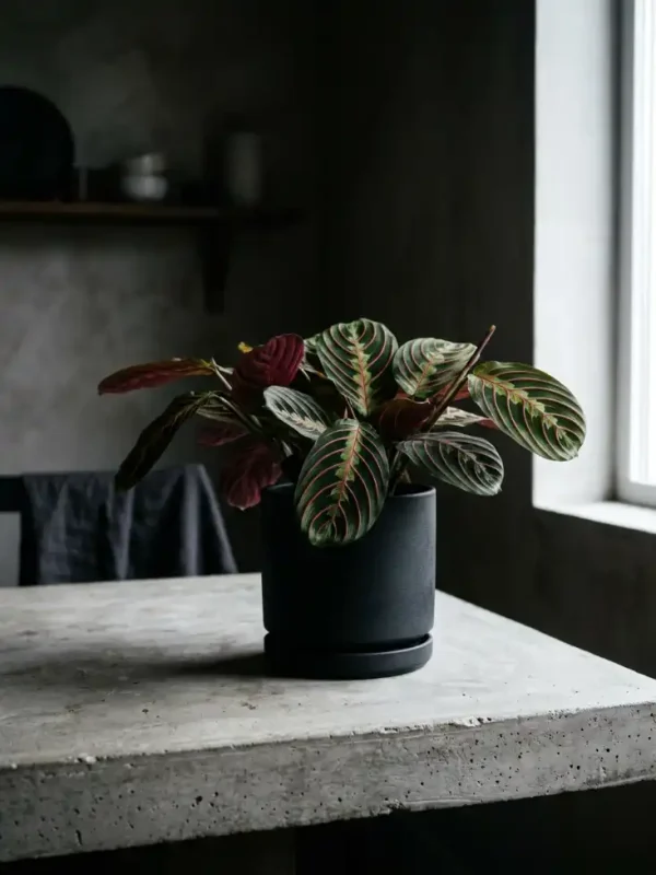 Red Prayer Plant (Maranta leuconeura var. erythroneura) — trailing houseplant with electric-red leaf veins and herringbone pattern, in hanging basket — view 6