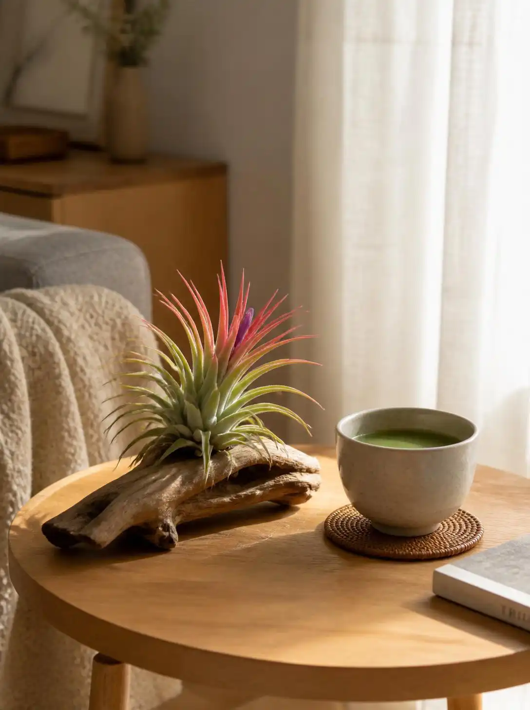 Air plant displayed in a hanging glass globe terrarium against a bright window