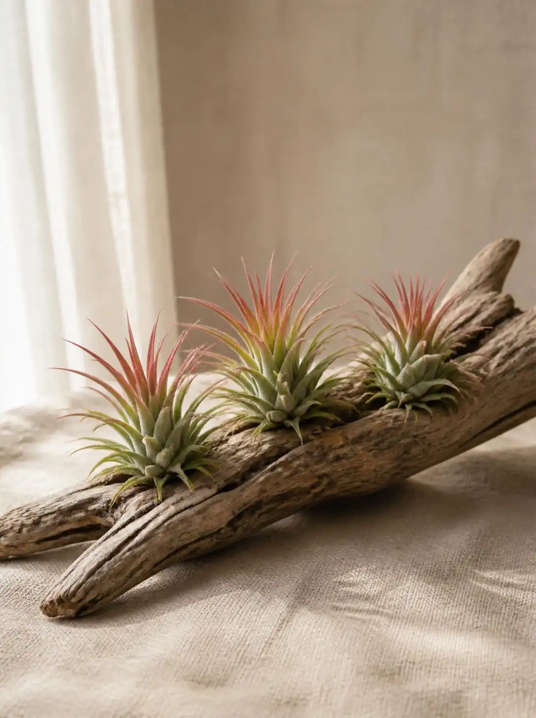 Air plant with a pink bloom spike emerging from the center, vibrant against silvery foliage