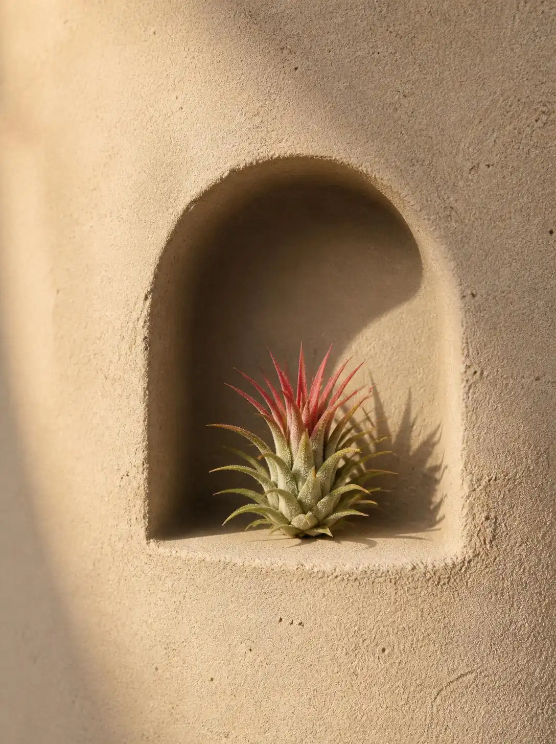 Collection of three air plants in different sizes on a wooden shelf, minimalist decor